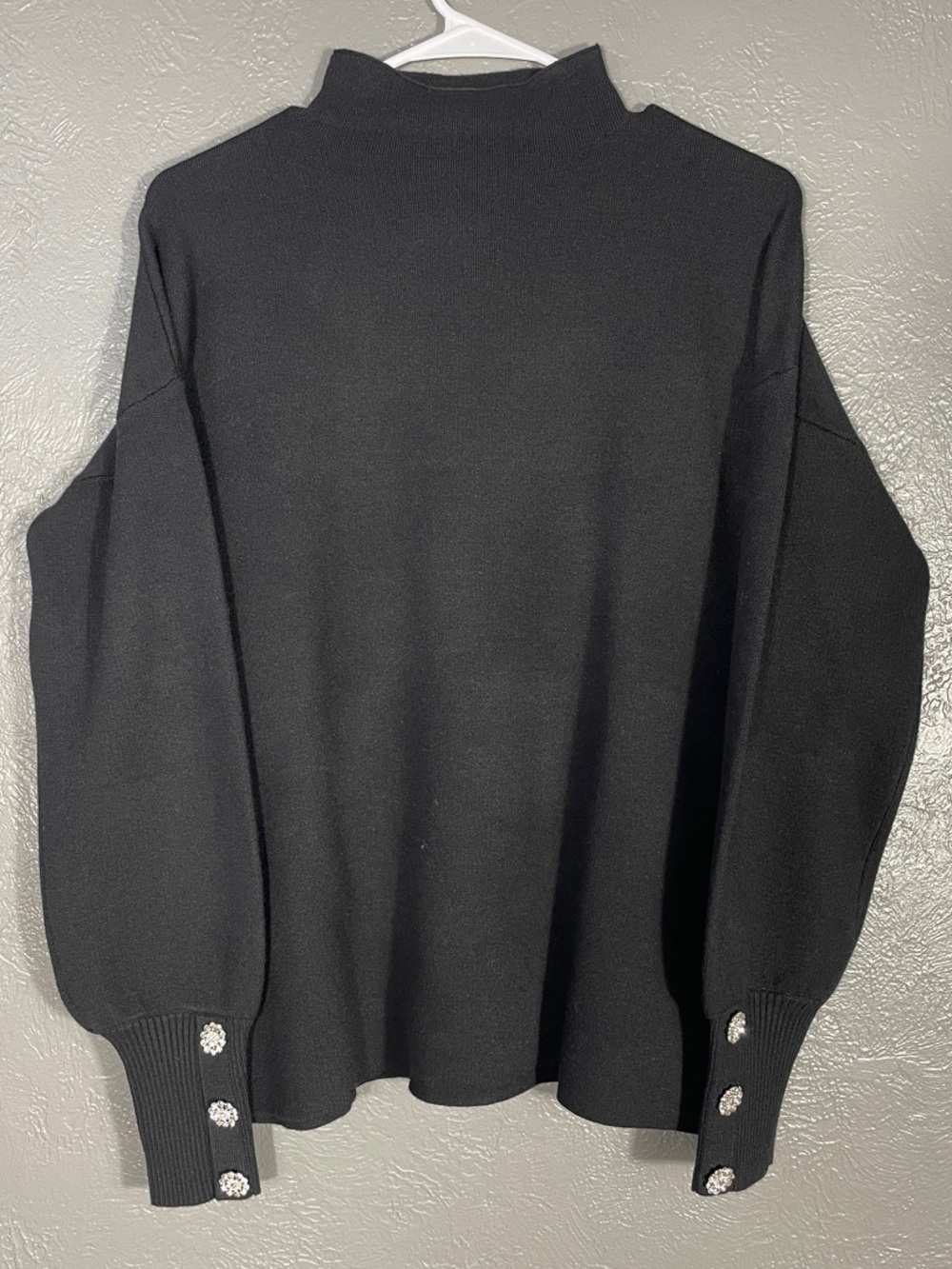Tahari Mock Neck Sweater Jeweled Button Cuff Balloon Sleeve Black Large - Picture 1 of 8